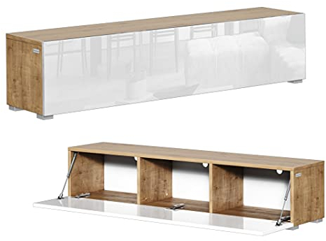 PLATAN ROOM Mobile per TV, 105/140/160/210/280, in rovere bianco, sospeso o in piedi lucido (140 x 30 x 32, rovere oro/bianco lucido)