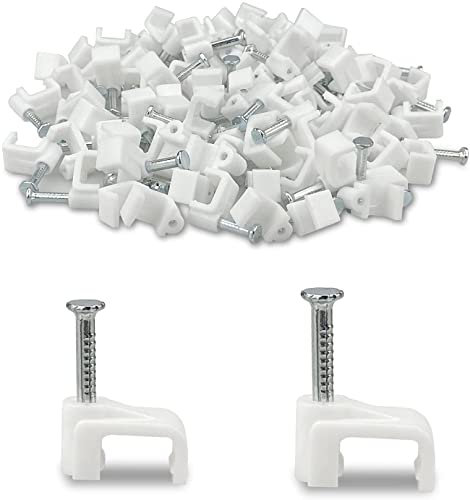 Gulaey Flat White Cable Nail Clips Plastic Electrical Wire for Cat 5 5e / 6 6a / 7 | Cat.5 Cat.5e / Cat.6 Cat.6a RJ11 RJ45 Flat Patch Network Ethernet Internet Leads (Pack of 100) (6MM)