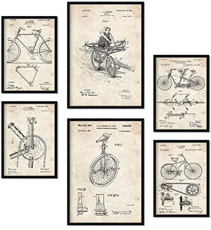 Nacnic Set von 6 Plakaten mit Fahrrad Patenten. Plakate mit Retro-Patentabbildungen. Inneneinrichtung im Vintage-Stil. Grösse A4 und A3. Ohne Rahmen.