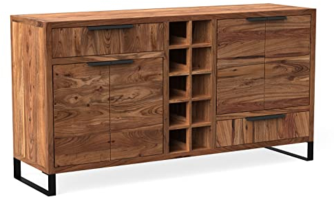 Woodkings Sydney Sideboard Wohnzimmer | Akazie Holz Massiv | 160 x 84 x 45 cm | Rustikale Kommode mit Schubladen & Flaschenfach | Anrichte Holzkommode Flurschrank Schubladenkommode | Echtholz Braun