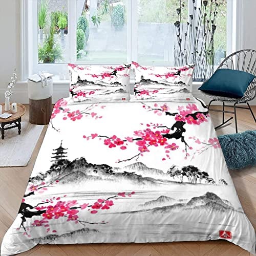 NYSMGS Bettwäsche 135x200 Japanische Kirschblüten Bettwäsche-Set 3 Teilig 3D-Druck Malen Bettbezug 135x200 Mit Reißverschluss Sommer Weiche Mikrofaser Kinder Bettbezüge Mit 2 Kissenbezug 80x 80 cm