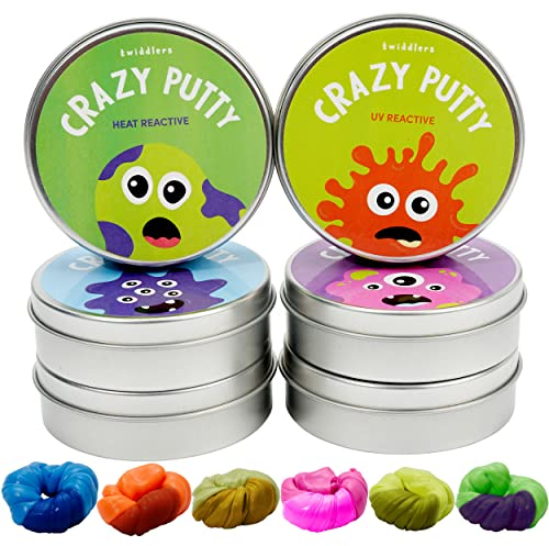 THE TWIDDLERS 4er Pack Knete mit Farbwechselfunktion + 2 Mini UV-Lampen - Hitze- & UV-Reaktive Zauberknete, ändert die Farbe bei Wärme & Schwarzlicht - Kinder Mitgebsel/Geschenk