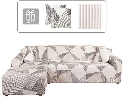 Lydevo Sofabezug Ecksofa L Form Sofa Überwürfe Stretch Sofabezug L Form Rechts oder Links mit Zwei Kissenbezügen Waschbar Universal-Couchbezug L Form Sofa Cover L Shape(3 Sitzer+4 Sitzer,Weiße Linie)