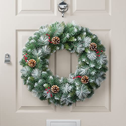 Christow Flocked Christmas Wreath with Pine Cones & Berries for Front Door, Luxury Pre Decorated Artificial Wreath, Home Xmas Decoration, Natural Looking PE & PVC Needles, Easy Hanging (60cm)
