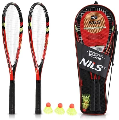 Nils Extreme Badminton Set - 2 Badminton-Schläger, 3 Federbälle und Badmintontasche - Unisex Speed Badminton Set für Kinder, Jugendliche und Erwachsene - Rot und Schwarz