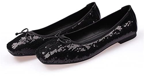 MACHSWON Womens Ballerina Flats Casual Square Toe Sparkly Sequins Slip on Dressy Flats Pumps Dolly Shoes(Black, Size 8.5)
