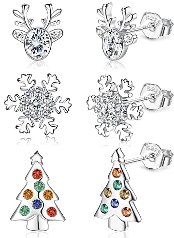 YADOCA 3 Paar Sterling Silber Weihnachten Ohrringe Weihnachten Geschenke für Frauen Mädchen Kinder Hypoallergen Elch Weihnachtsbaum Schneeflocke Ohrringe Weihnachtsschmuck