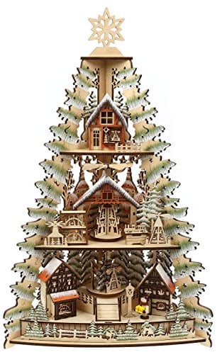 ELLUG 3D Eck-Lichterspitze Holzschnitt als Tannenbaum aus Holz mit Drehelementen zum Stellen mit Licht 33 * 18 * 53cm batteriebetrieben mit On-Off Schalter, Timer Funktion (6h On/18h Off)