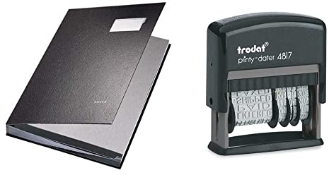 Leitz 57000195 Unterschriftsmappe (Polypropylen, A4, 20 Fächer) schwarz & Trodat Printy 4817 Wortbanddrehstempel, Datum plus 12 Texte – Selbstfärbend, Abdruck schwarz, 47 x 4 mm