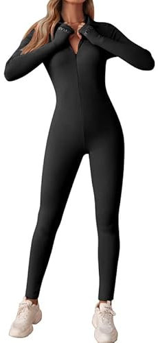 Litthing Tuta Intera Donna Sportiva Maniche Lunghe Jumpsuit Aderente Sexy Elegante Cerniera Lampo Completo per Yoga Palestra Abbigliamento Costine Tutina Sportiva