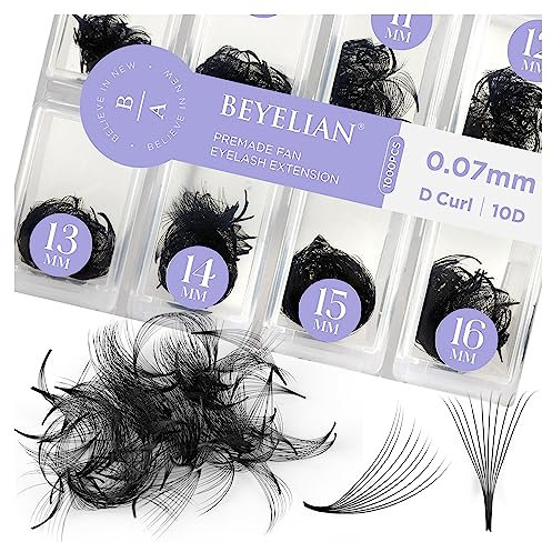 1000 Fans Premade Fans Eyelash Extensions BEYELIAN 0.07mm 10D D Curl Volume Lash Extensions Pre Made Fans Lash Extensions Handmade Promade Loose Fans Thin Base 9-16mm Mixed