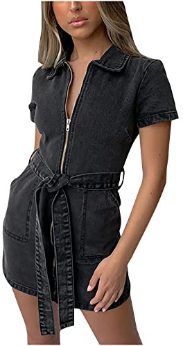 RKaixuni Damen Jeanskleid mit durchgehendem Reißverschluss, kurze Ärmel, Sommer, lässig, Revers, Hemd, Blusenkleid, Minikleid mit Gürtel, Hippie-Kleidung, Schwarz , Small