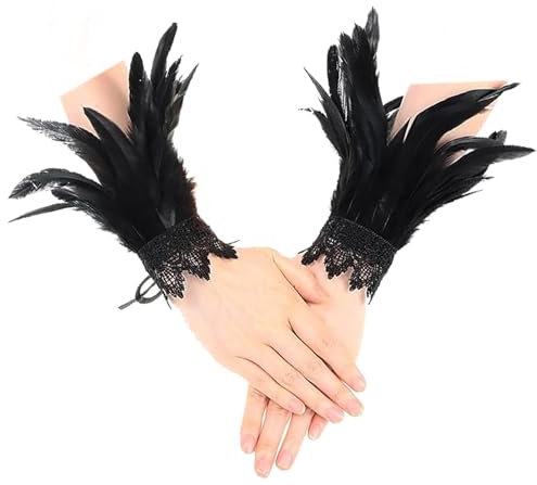 LETTERASHQP Feder Manschetten Damen Schwarz Halloween Feder Manschetten Damen Schwarz Frauen Federschlagarmbänder Feder Accessoires Feder Manschetten Halloween Feather Schmuckstück Spitzen Handschuhe