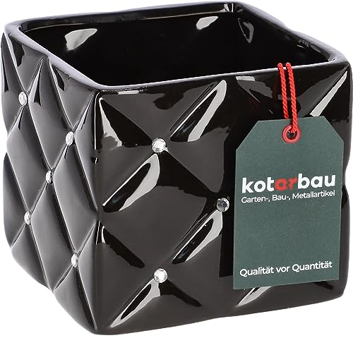 KOTARBAU® Glamour Keramik Blumentopf 14 x 14 x 13 cm mit Zirkonen Quadratisch Pflanztopf Schwarz Pflanzkübel Blumenkübel für Zimmerpflanzen Übertopf für Pflanzen Gartentopf