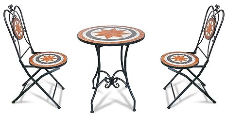mysmartbuy.com 3 Piece Orange Mosaic Bistro Set – Stylish Cast-Iron Indoor Outdoor Weatherproof Furniture with 2 Folding Chairs & Round 60cm Diameter Table for Home Garden Patio Decking Balcony Lawn