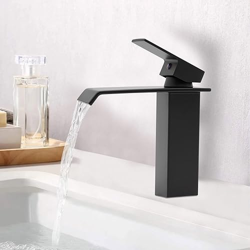 Wasserfall Wasserhahn Bad Waschtischarmatur Kaltes und Heißes Wasser Vorhanden Hochdruck Einhandmischer Mischbatterie Matt Schwarz 3/8 Schnittstelle mit Abflussrohr