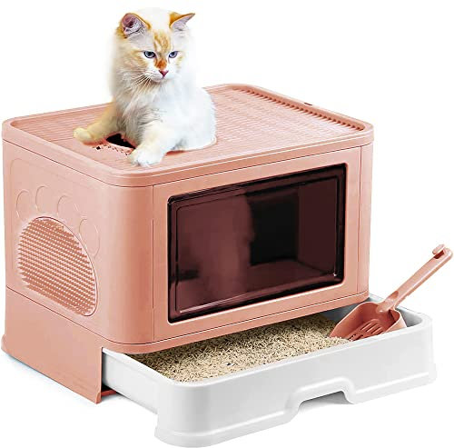 Katzentoilette groß, faltbar, mit Deckel, Schublade und Schaufel für Katzentoilette, tragbar, WC für große und kleine Katzen (E,48,5 x 36,5 x 38 cm, Rosa)