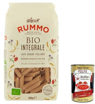Italian Gourmet Penne Rigate N.66, pasta integrale Vollkorn 5 x 500g | Bronzata e ruvida, hält Saucen gut, cottura al dente für mediterrane Küche, Gesamtnettogewicht 2,5 kg + Kostenlos Polpa 400g