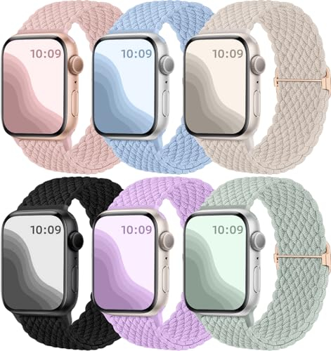 Maledan 6 Pack Bracelets Tressé Compatible avec Bracelet Apple Watch 40mm 41mm 38mm 42mm Femmes Hommes, Bracelet de Sport Élastique en Nylon pour Bracelet iWatch SE Series 10 9 8 7 6 5 4 3 2 1 Ultra