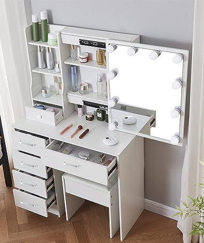 Dressing Table with LED Lights, White Vanity Makeup Table Set with Mirror and Stool, Bedroom Dresser Cosmetic Makeup Desk with Drawers and Shelves Storage Unit for Girls (A1)