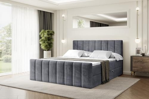 ALTDECOR Boxspringbett mit Matratze und Lattenrost, Boxbett, Topper, Fußteil, Polsterbett mit Bettkasten, Bett mit Stauraum H3-Matratze, Doppelbett, Springboxbett - OTTA-Z - 200x200 - Dunkelgrau Samt