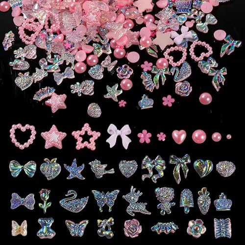 3D Nail Charms, 400 Pcs Multi Shapes Butterfly Flower Bear Bow Heart Nail Art Charms Nail Rhinestones Gems Nail Pearls for Nail Art Decoration Jewelry Accessories DIY Crafts (Mixed-Aurora Pink A)