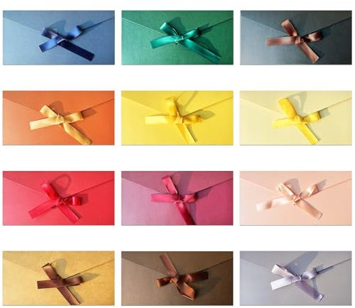 Joyek 12 Bunte Kraftpapier Umschläge mit Bändern Retro Farbige Briefumschläge 22x11cm Vintage Briefumschläge Blanko Perlglanzpapier Umschläge mit Schleife für Party Geschenkkarten Grußkarten Einladung