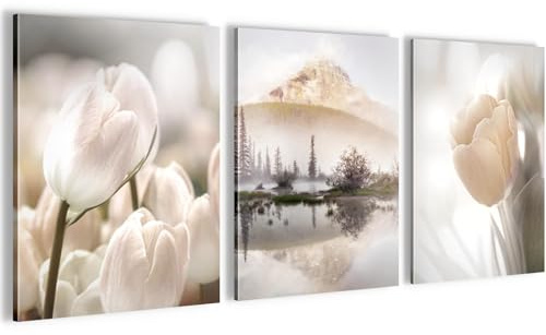 Novart Wandbilder Set Natur Blumen Tulpen - KOMPLETT AUFHÄNGFERTIG - Wohnzimmer Schlafzimmer Flur Deko - 3 Moderne Bilder Beige - N035835a
