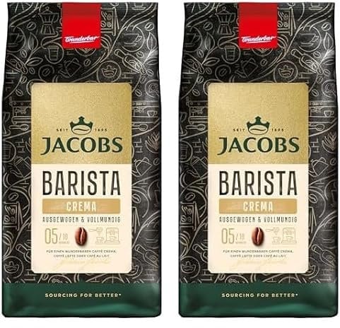 Jacobs Barista Crema Kaffeebohnen 1kg – Ausgewogen, Zitrusnote, Nussig, Arabica & Robusta Bohnen, Intensität 5/10, ideal für Kaffee Crema (Packung mit 2)