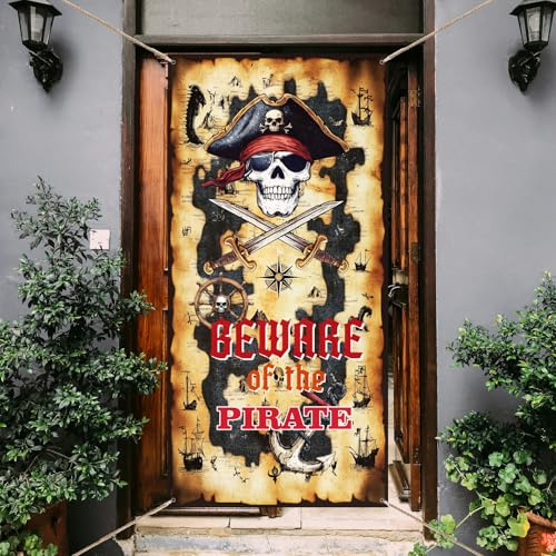 arricraft 1 Pc Beware of Pirates Door Banner, 90x185cm/35.4x72.8 inch Treasure Map Skull Ship's Wheel Anchor Patterns Backdrop Sign Polyester Background for Pirate Theme Party Supplies