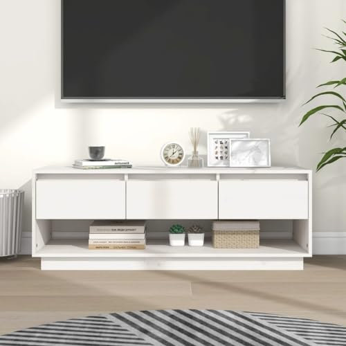 TV-Schrank Weiß 110,5x34x40 cm Massivholz Kiefer,Weißer Fernsehschrank aus Kiefernholz mit Schubladen für Wohnzimmer TV-Bänke