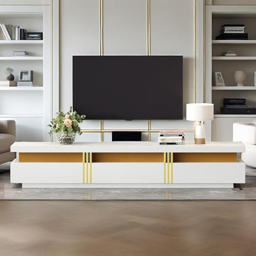 LANTRO JS White TV Unit for 89 inch TV, TV Stand with Faux Marble Top, 200cm TV Cabinet with Golden Panel Design and 3 Drawers