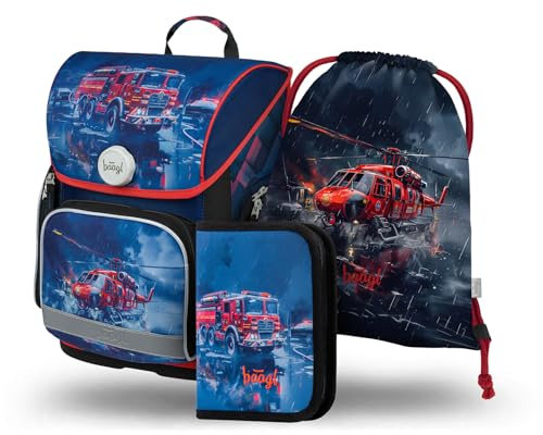 Baagl Schulranzen Jungen Mädchen Set 3 Teilig, Ergo Schultasche für 1. Klasse, Ergonomische Grundschule Ranzen Tornister mit Brustgurt (Lebensretter)