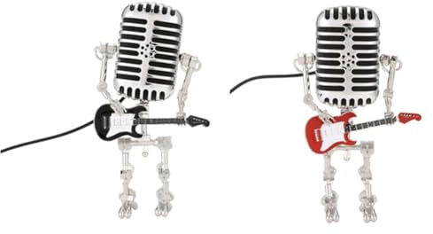 Louttary 2pc Mic Rockbot,Metal Microphone Robot Table Lamp Holding Guitare Vintage Night Light,Vintage Microphone Robot Desk Lamp