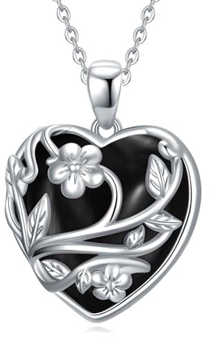 YFN Schwarzer Turmalin Kette Sterling Silber Herz Halskette Blume Kristall Stein Anhänger Schwarzer Turmalin Schmuck Geschenke für Frauen Teenager Mädchen Geburtstag