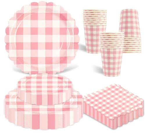 96PCS Light Pink Gingham Party Supplies, Scalloped Disposable Tableware Set Includes Paper Plates Napkins Cups Straws for Baby Shower Birthday Wedding Party Supplies, Serve 24