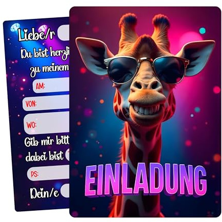 RAFFISSHOP 12x Lustige Einladungskarten mit Giraffe – Coole Postkarten im bunten Party-Design – Einladungen zum Geburtstag oder zur Feier für Groß & Klein