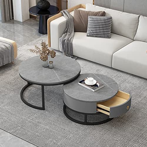 HJYXXSR Runder Couchtisch 2er-Set, modernes Nesting Side End mit Schublade Aufbewahrung, Sofa Schiefer Marmor Textur, Grau
