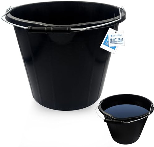 Black Builders Bucket - Sturdy Plastic Buckets with Metal Handles - Black Car Wash Bucket with Spout for Mixing Cement, Cleaning, Car Wash, Gardening, Tools, etc (PACK OF 1)