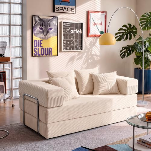 YINIX 5-in-1 Cordstoff Schlafsofa, Faltbares 2-Sitzer (Creme, 160 cm Breit)