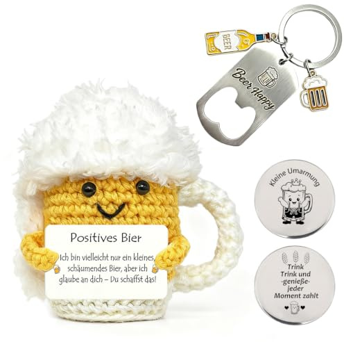Lustige Geburtstagsgeschenk Bier Geschenke für Männer Glücksbringer Bier | 1 Handgestrickte Bierpuppe 1 Flaschenöffner 1 Glücksbringer Münze, Anti Stress Gestrickte Pocket Hug Gift Emotional Support