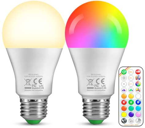 Weskjer E27 LED Glühbirne - 2PCS 12W RGB Lampen Farbwechsel Glühbirne mit Fernbedienung 1100 Lumen, Edison E27 Warmweißes Licht 2700 K Energieeffizient Schraubbirne für Schlafzimmer und Wohnzimmer