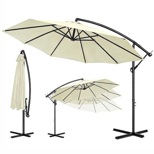 Ferzone Sonnenschirm Ø 350 cm mit Kurbel, Ampelschirm Windfest Wasserdichte UV-Schutz, Groß Gartenschirm Marktschirm Kurbelschirm 360° Drehbar für Balkon Terrasse Garten (Beige)