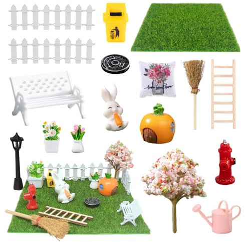 17 Stück Miniatur Garten Zubehör Set, Miniatur Garten Deko mit Kunstrasen,Zaun Gemüse Gartengeräte Kleine Gartenmodelle für Puppenhäuser, Miniatur Puppenhaus Set für DIY Feengarten Dekoration