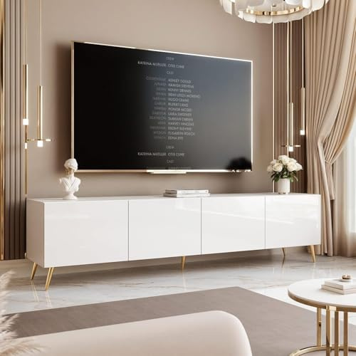 IDOHOME TV Lowboard stehend mit LED und 4 Fächern 200 cm Weiß Hochglanz | 200 x 40 x 36 cm, Laminierte Platte, Mehr Stauraum, Push to Open, TV Zubehör, LED Beleuchtung