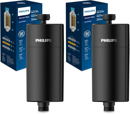 Philips Water in-Line Shower Filter, 50 000 L Filtration Capacity, Black, Reduces Chlorine by up to 99%, Easy to Install, fits All Standard Hoses and taps (Pack of 2)