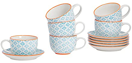 Modelado de porcelana Cappucino tazas y platillo fijado - azul/naranja diseño de impresión - Conjunto de 6