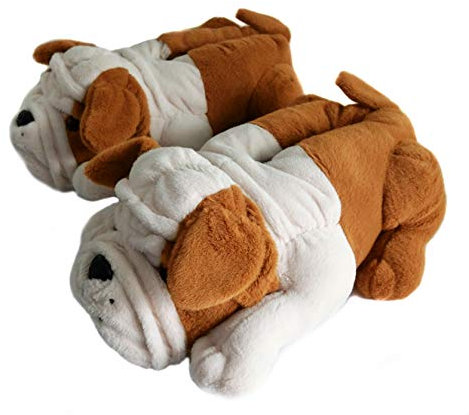 Onmygogo Pantuflas novedosas para hombre y mujer, diseño de animales peludos de invierno, bulldogs, Brown, 4/6 UK Men/ 6/9 UK Women