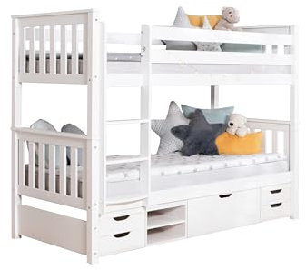 TiCAA Etagenbett, Kinderbett, Stockbett Funktionsbett für Kinder mit Treppe & Zwei Liegeflächen teilbar aus Kiefer Massivholz Weiß Bettgestell 90 x 200