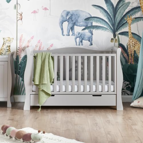 Obaby Stamford Luxe Sleigh Cot Bed – Warm Grey – Convertible Cot Bed | Elegant sleigh design. Adjustable, three-position base height, Birth - 4 years